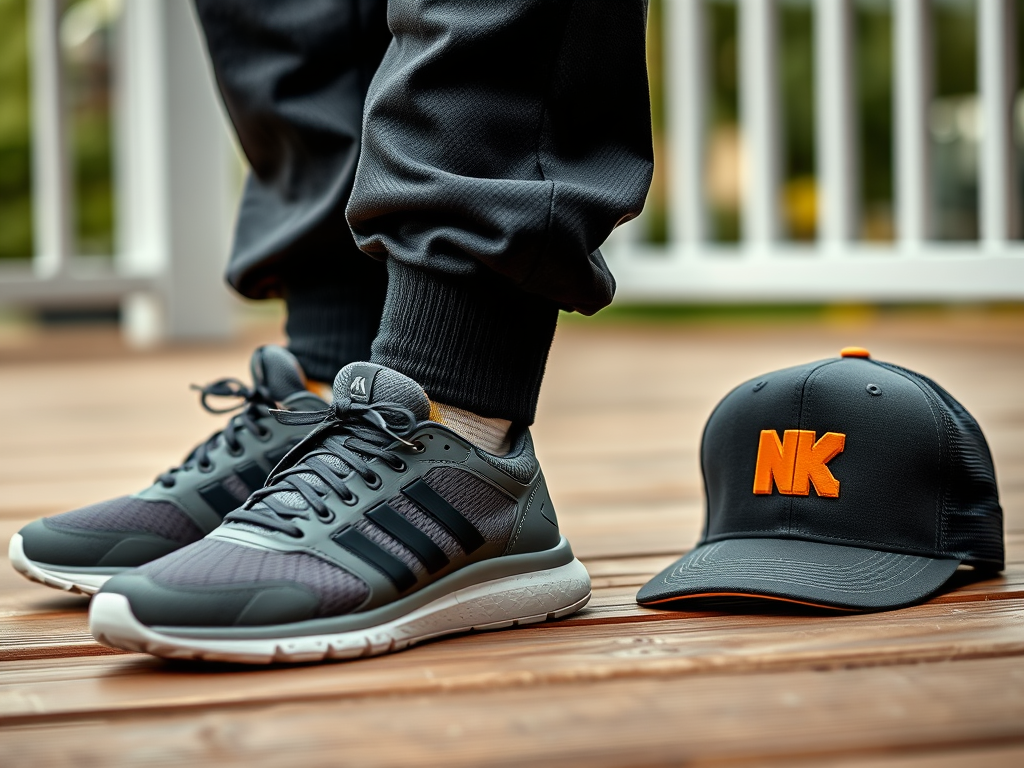 Zbliżenie na sportowe buty w szaro-czarnym kolorze obok czapki z logo NK. Idealne na casualowy dzień.