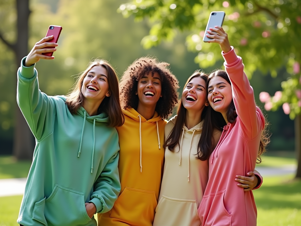 Cztery młode kobiety robią sobie selfie w parku, noszą kolorowe bluzy.