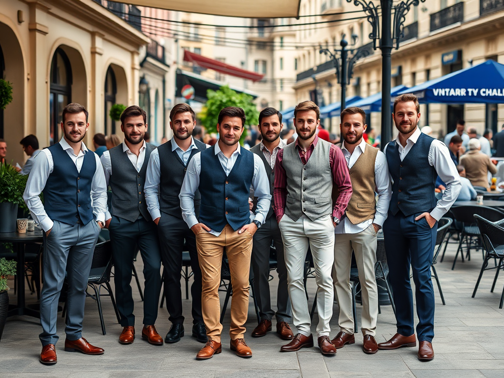 Grupa mężczyzn w eleganckich kamizelkach pozuje na zewnątrz, w tle kawiarnie i ludzie.