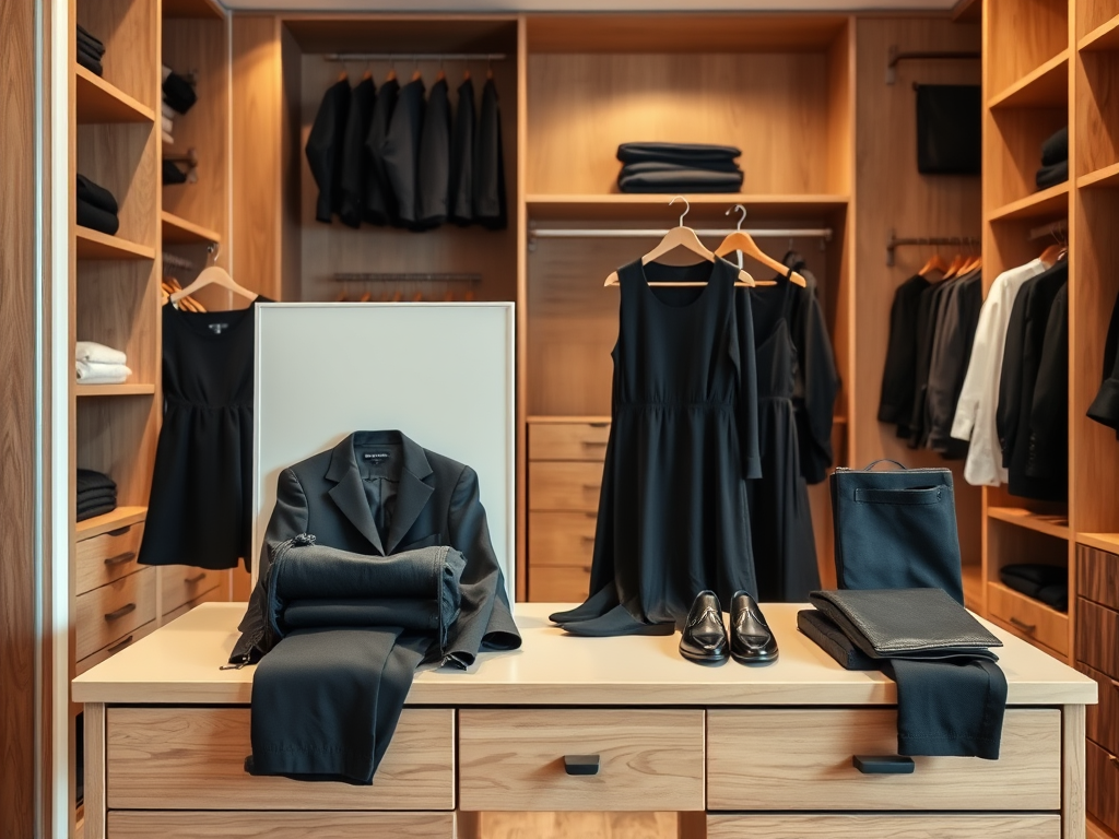 Stylowa szafa z czarnymi ubraniami: sukienki, garnitury oraz eleganckie buty na drewnianym blacie.