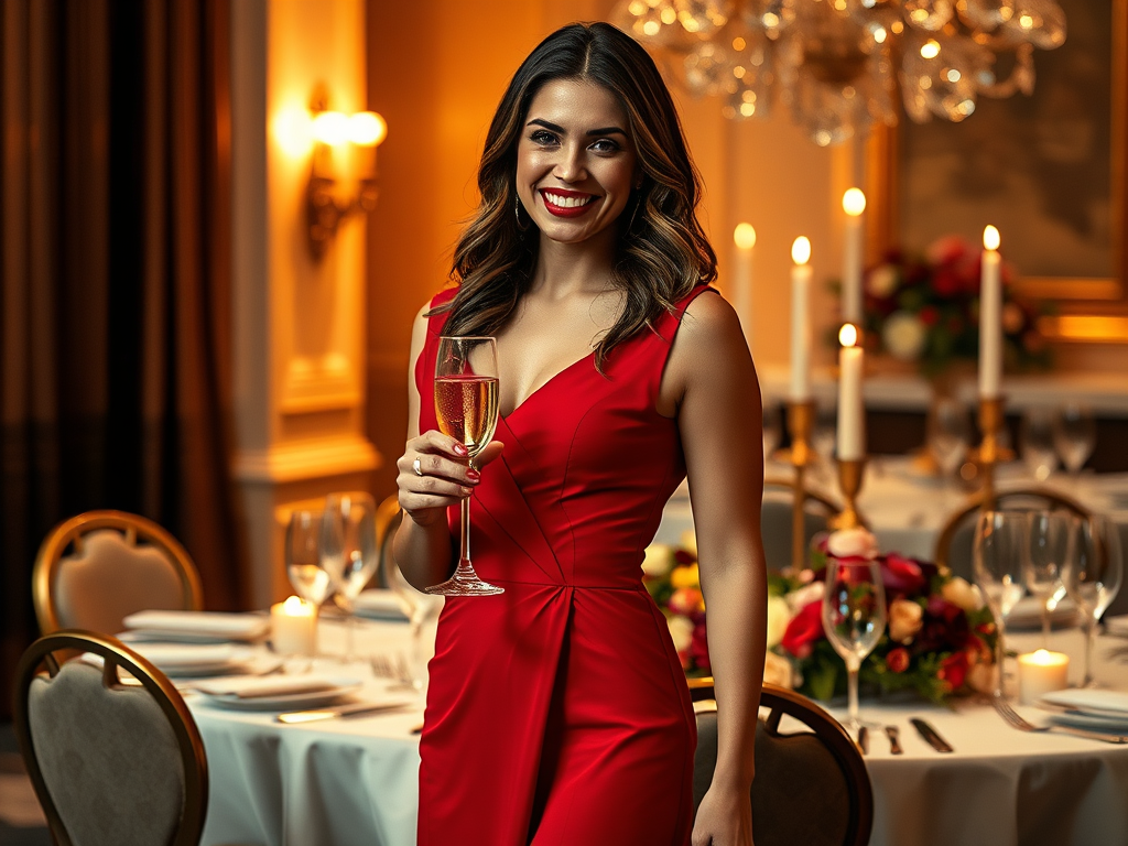 Kobieta w czerwonej sukience trzyma kieliszek szampana, uśmiechając się w eleganckiej restauracji.
