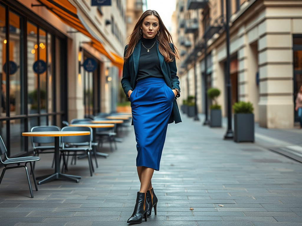 Kobieta w eleganckim stroju spaceruje po ulicy, obok kawiarni, z uśmiechem na twarzy.